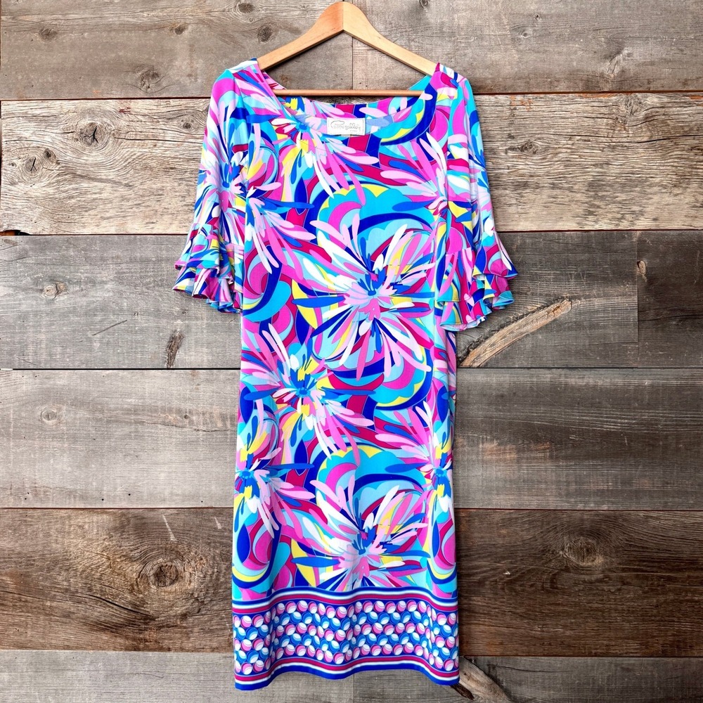 Pappagallo Floral Ruffle Bell Sleeve Knit Dress L Blue Pink Vaca Resort Stretch